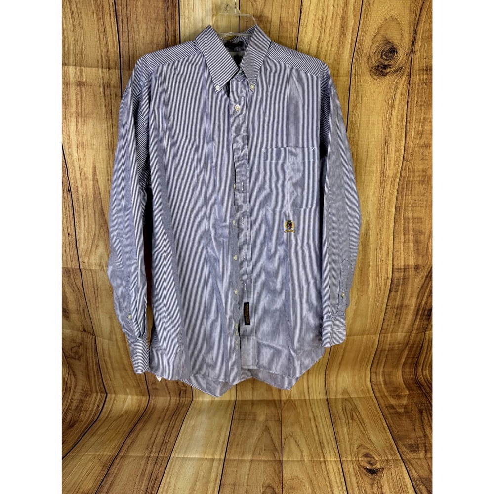 Tommy Hilfiger Mens Blue White Striped Button Down Shirt Crest Logo Long Sleeve